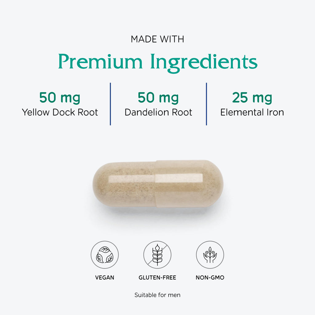 Vitanica Iron Extra, Iron Supplement Enhanced Absorption with Vitamin C 500mg, Methylfolate 400mcg, B12 Vitamin 500mcg, Calcium, Yellow Dock, Dandelion Root & Nettle Leaf Extract, Vegan, 60 Capsules
