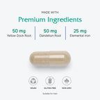 Vitanica Iron Extra, Iron Supplement Enhanced Absorption with Vitamin C 500mg, Methylfolate 400mcg, B12 Vitamin 500mcg, Calcium, Yellow Dock, Dandelion Root & Nettle Leaf Extract, Vegan, 60 Capsules