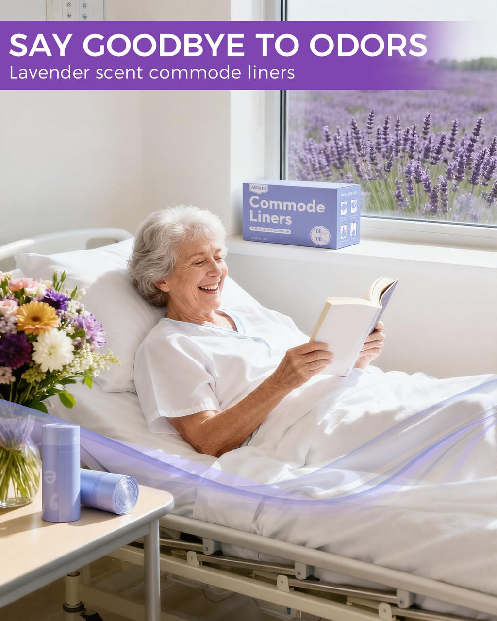 100 Pcs Bedside Commode Liners with Absorbent Pads, Tear-Free Leak-Proof Lavender Scented Commode Liners and Pads, Odor-Free Portable Toilet Liners & Potty Chair Bags for Disposable Adult, Bedpan