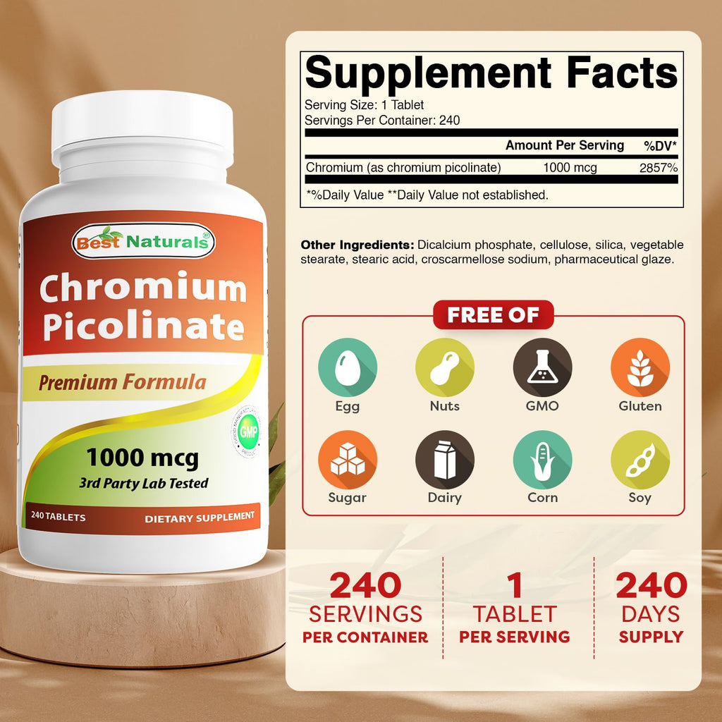 Best Naturals Chromium Picolinate 1000mcg 240 Tablets (Pack of 2)