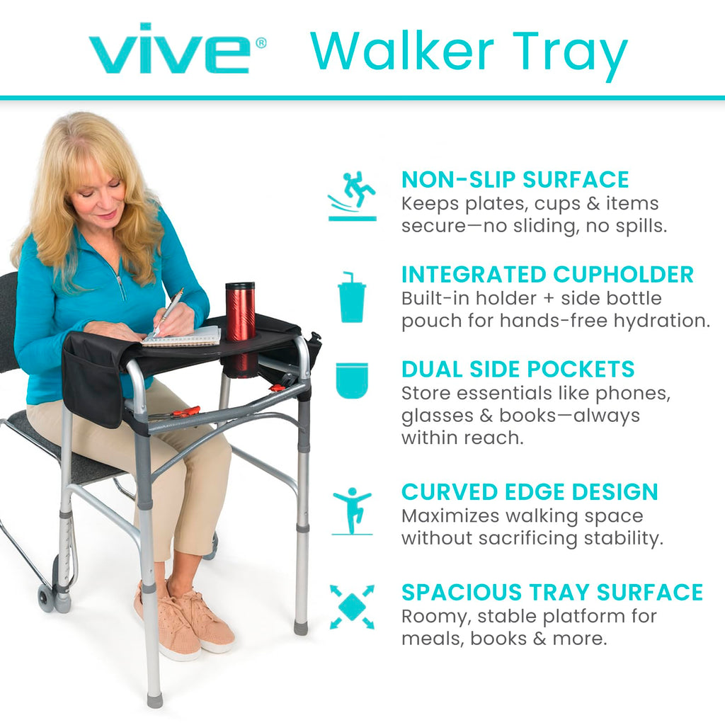 Vive Walker Tray for Folding Walker - (w/Cup Holder) - Adult Mobility Accessories - Fits Standard Walkers - Medical Table for Seniors Non Slip Mat for Food - Removable & Easy Assembly (Black)