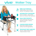 Vive Walker Tray for Folding Walker - (w/Cup Holder) - Adult Mobility Accessories - Fits Standard Walkers - Medical Table for Seniors Non Slip Mat for Food - Removable & Easy Assembly (Black)