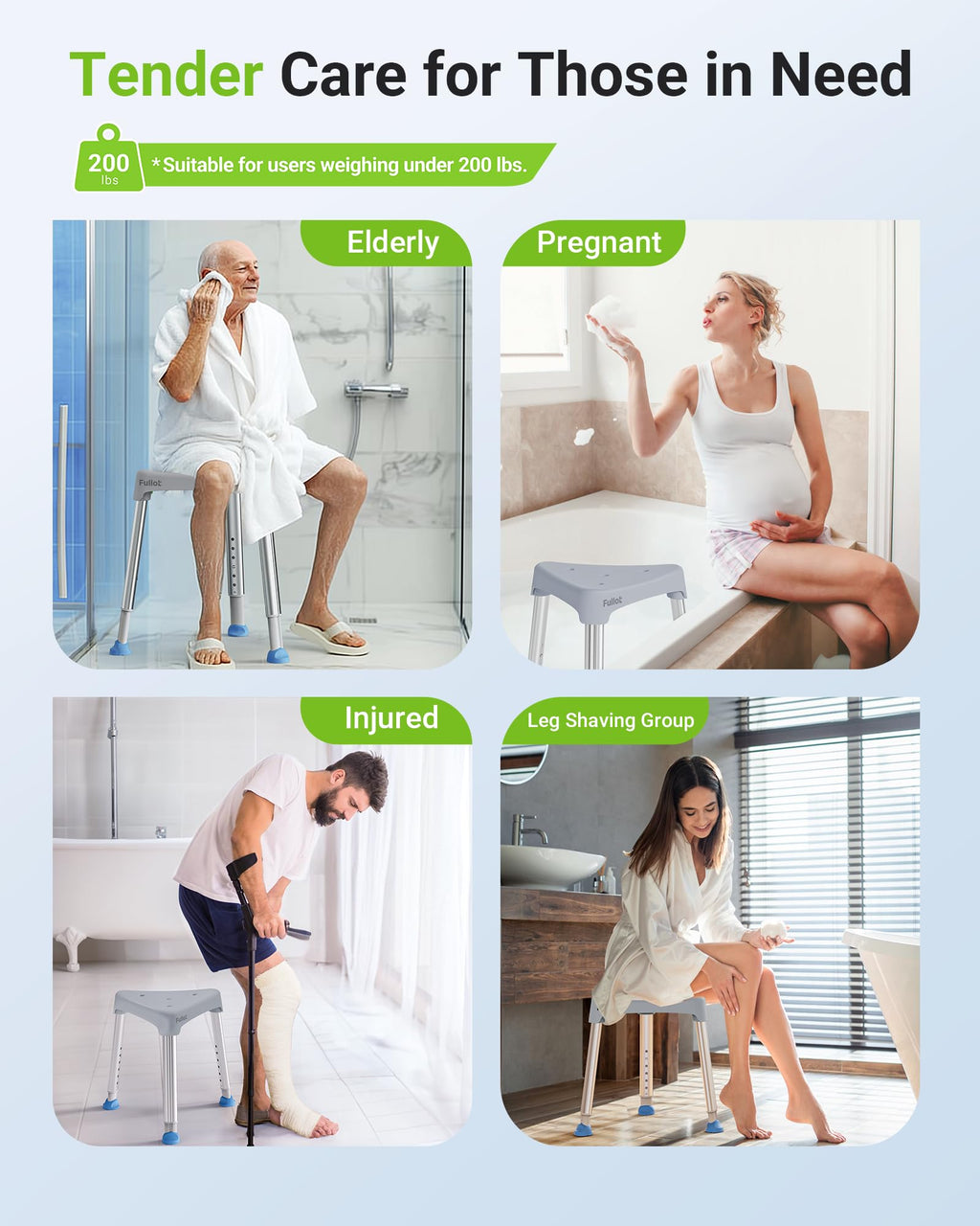 FULLOT Space-Saving Triangular Shower Chair for Elderly and Disabled, 400 lbs Adjustable Shower Stool Seat with Stable-Bracing, Non-Slip Bathtub Chair, Tool-Free Assembly