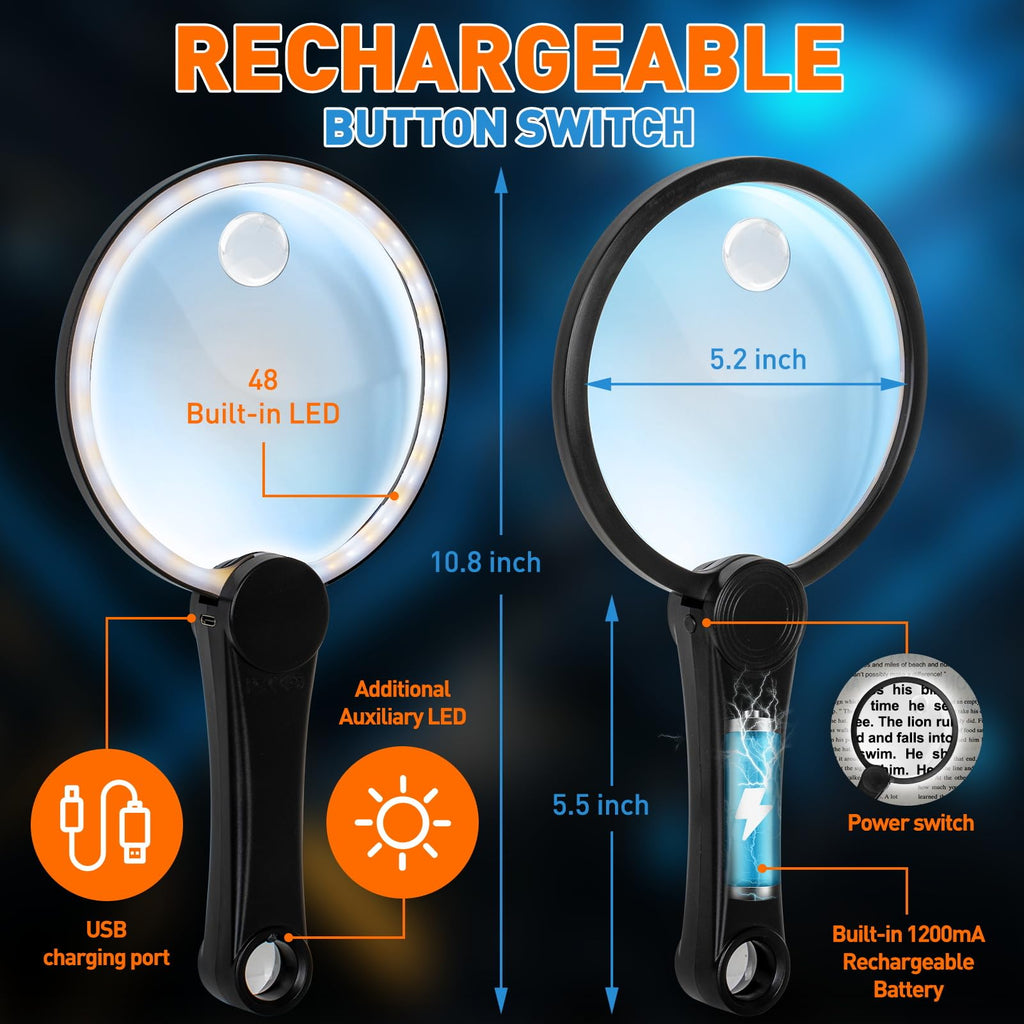 NUEYiO 5.2 Inch Large Rechargeable Magnifier with Light, 30X 40X 60X Handheld Magnifying Glass with 49 Anti-Flicker LED Light, Third Gear Dimming Strongest Lighted Magnifier for Seniors Reading Coins