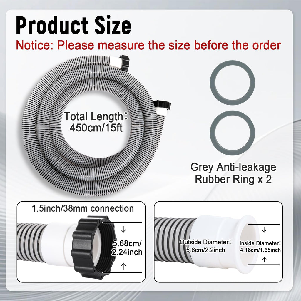 Conderyang 1 Pack 1 1/2 Pool Hose for Above Ground Pools 15ft Long Pool Pump Replacement Filter Hoses 1.5" EVA Swimming Pools Filter Hose for Filters Pumps, Saltwater Systems and Sand filters (Black)