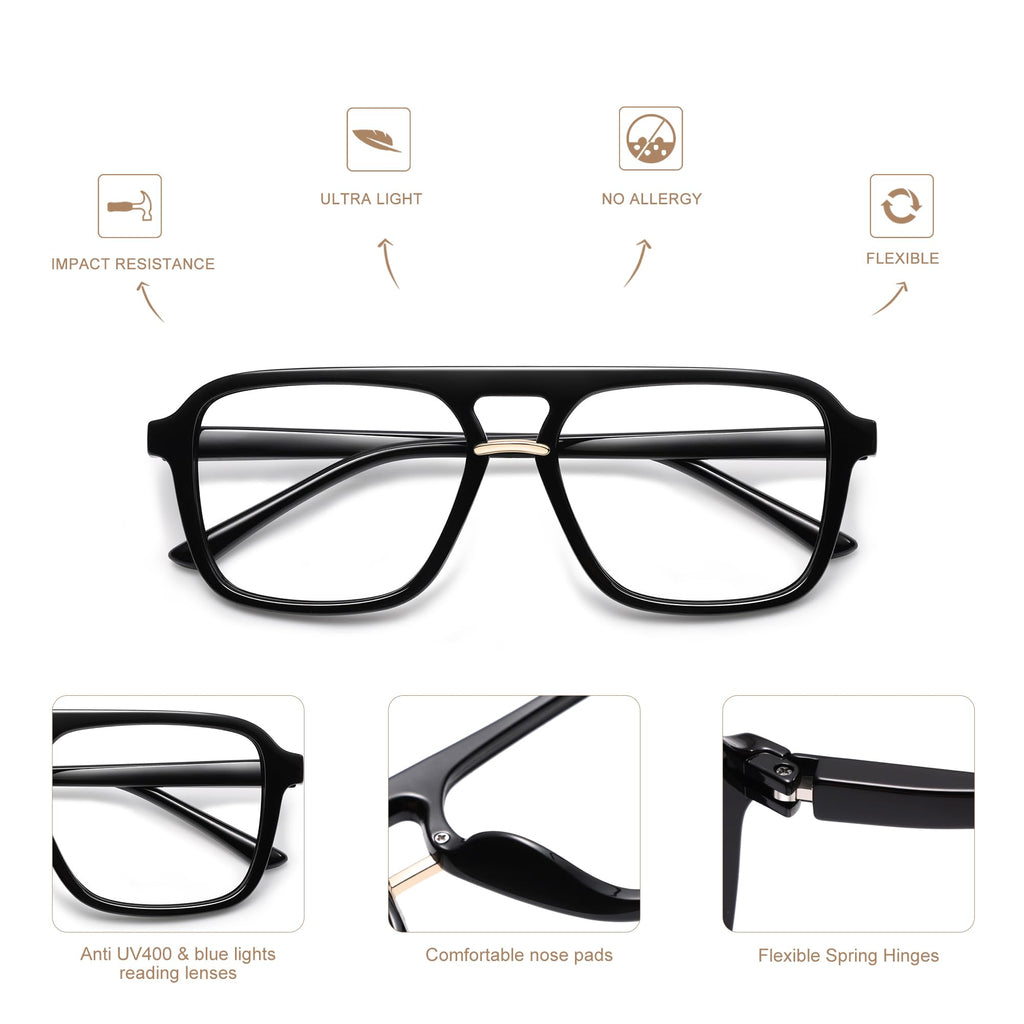 AMOMOMA 3 Pack Trendy Aviator Reading Glasses for Women Men Stylish Square Blue Light Blocking Readers AM6164 Mix (+1.50 Magnification Strength)