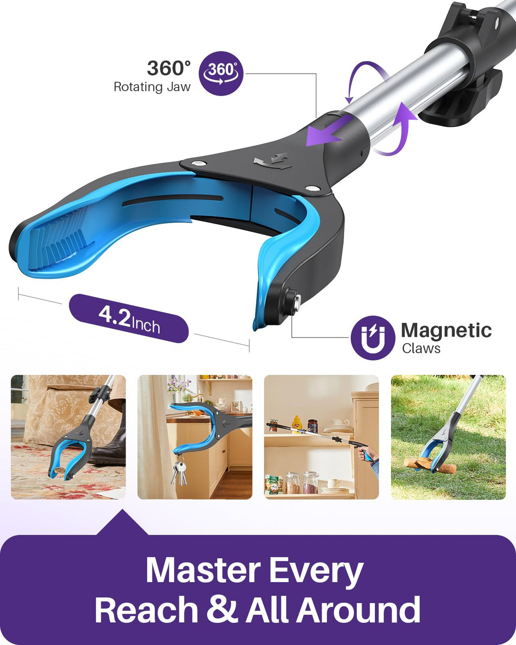 KEKOY Pro 40-inch Reacher Grabber Pickup Tool, Heavy Duty Grabbers for Seniors Foldable Pick Up Trash Stick with Anti-Slip 360° Rotating Jaw, 4" Wide Extended Weed Gripper Claw with Magnet