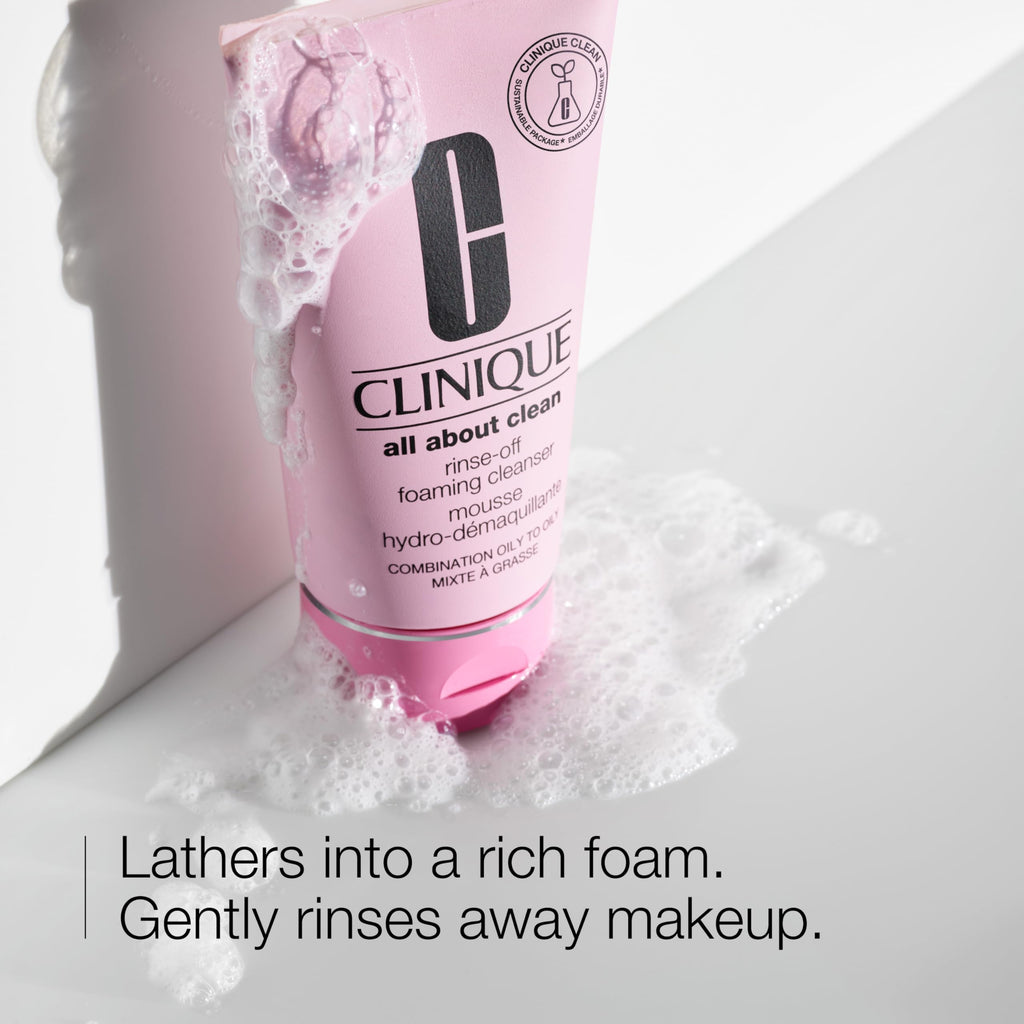Clinique All About Clean Rinse-Off Foaming Face Wash | Face Cleanser With Hyaluronic Acid + Glycerin For Oily Skin Types | Dissolves Makeup + Sunscreen, 5 Fl Oz