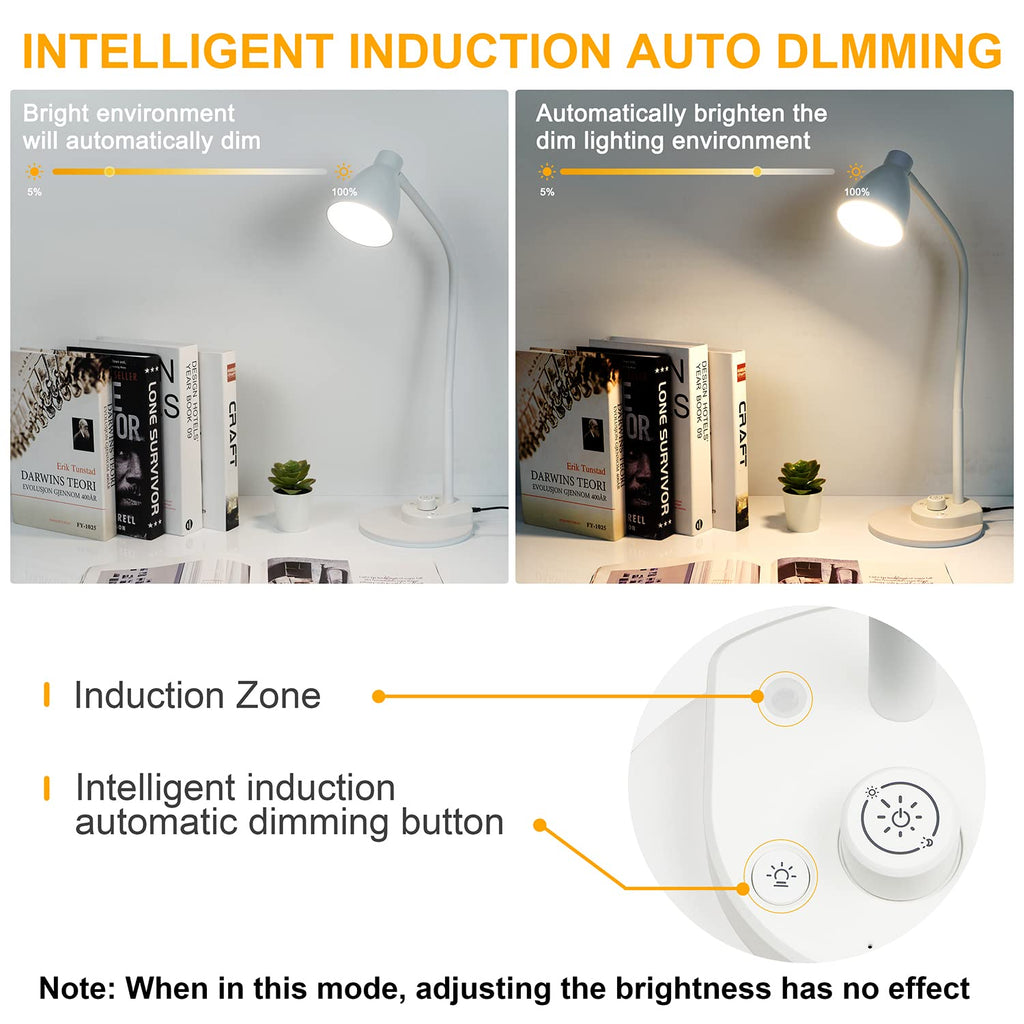 BOHON LED Desk Lamp with USB Charging Port, 3 Color Modes Dimmable Reading Lamp, Auto Dimming Task Lamp, Flexible Neck Table Light for Dorm Bedside, Adapter Include, White