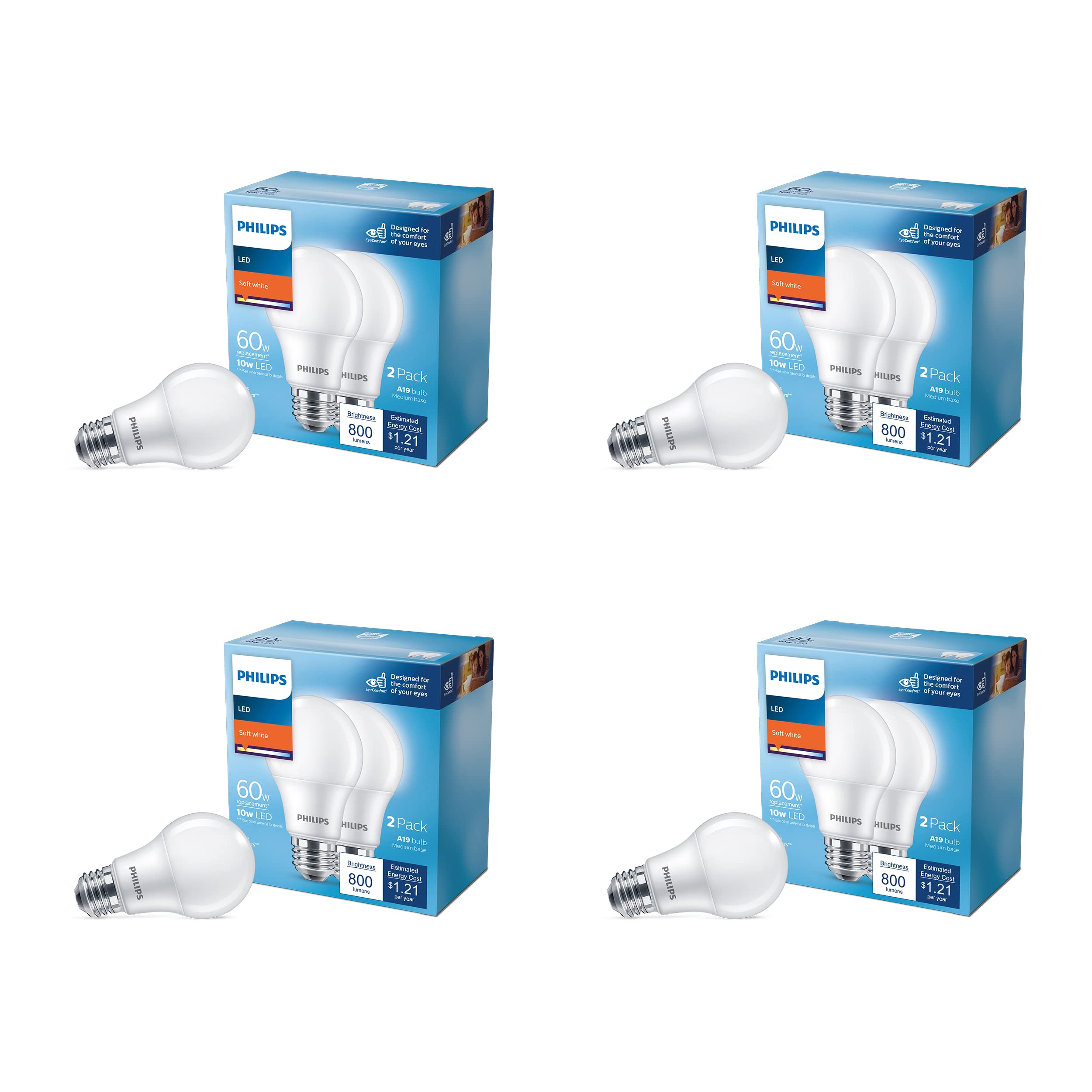 PHILIPS LED Basic Frosted Non-Dimmable A19 Light Bulb - EyeComfort Technology - 800 Lumen - Soft White (2700K) - 10W=60W - E26 Base - Indoor - 8-Pack