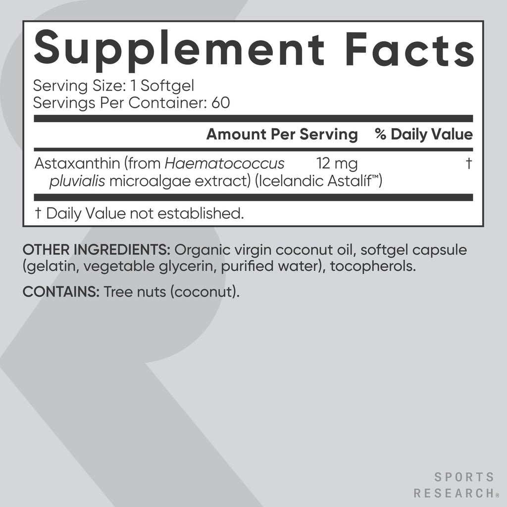 Sports Research® Triple Strength Astaxanthin 12mg w/Organic Coconut Oil - Antioxidant Supplement for Skin & Eye Health Support* - Soy Free · Non-GMO · Gluten Free - 60 Softgels