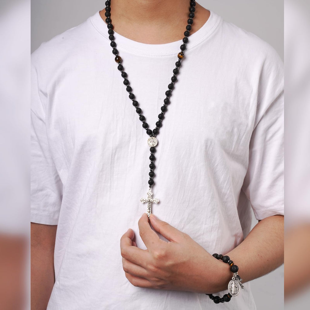 LGEPAH Rosary for Men, Black Lava Rock Beads with St. Benedict Bracelet