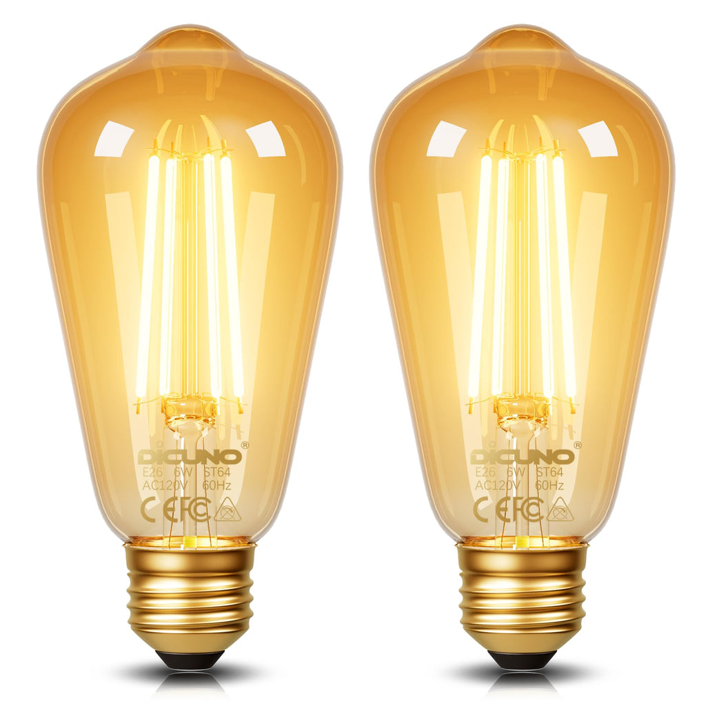 DiCUNO E26 Edison Bulbs 60W, 2200K Amber Warm, Amber Glass, 600LM, 2-Pack