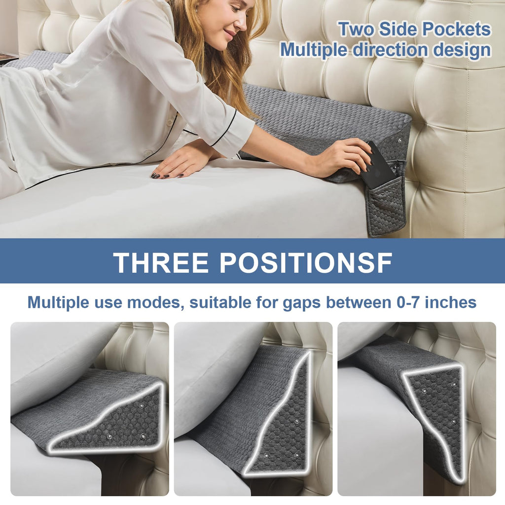 Yojoker Queen Size Bed Wedge Pillow for Headboard Gap, Wedge Pillow Headboard with Side Pockets and Wave Contour, High-Density Foam Bed Gap Filler (0-6"), 60x10x6 Inch, Gray