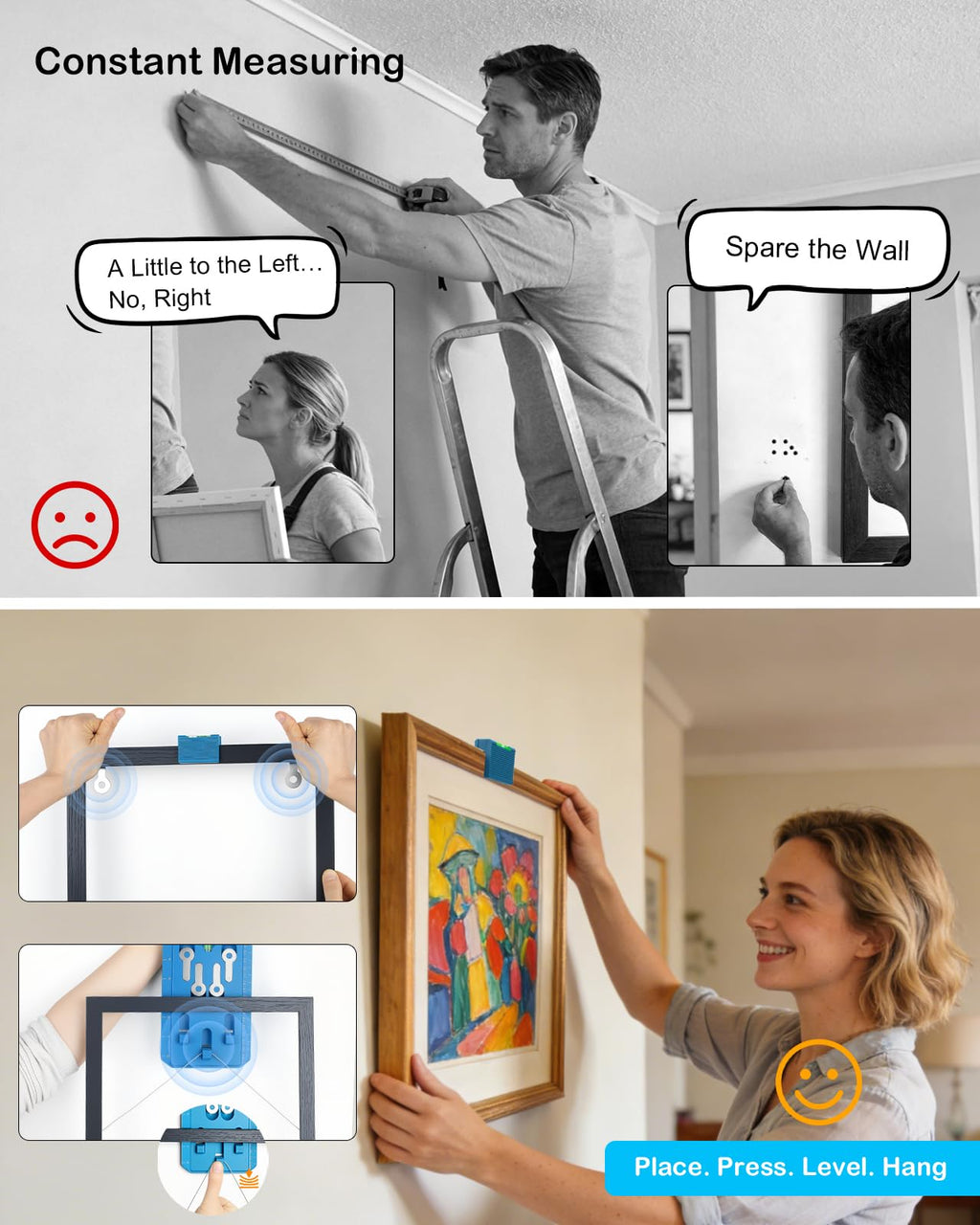 Picture Hanging Kit, Upgraded Picture Hanging Tool with Level, Hang Sawtooth/Wire Hangers, Fast and Precise Positioning Wall Hanging Kit, Wall Hanger for Photo, Art, Painting Frame