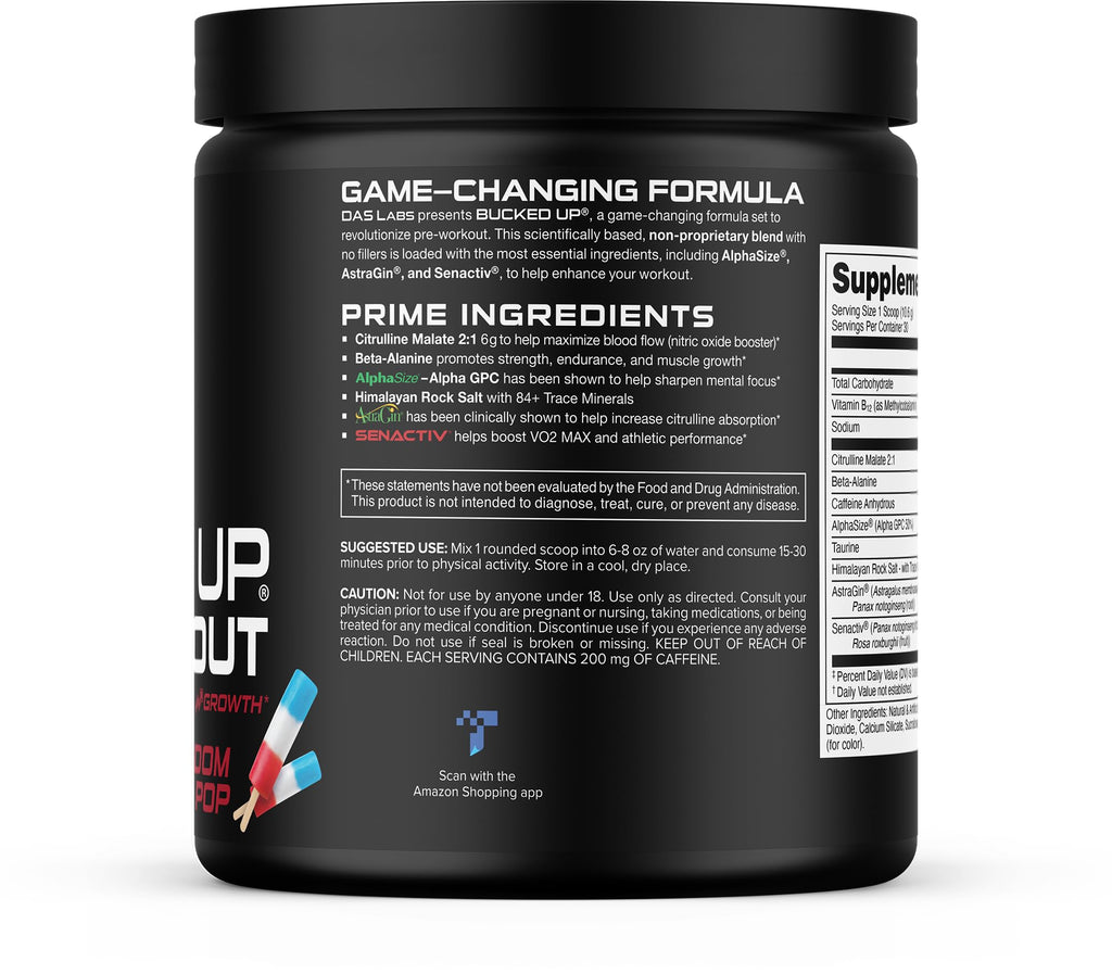Bucked Up Pre Workout Freedom Pop | 200mg Caffeine with Citrulline Malate Beta Alanine AlphaSize and Taurine | Pre Workout Powder (30 Servings)