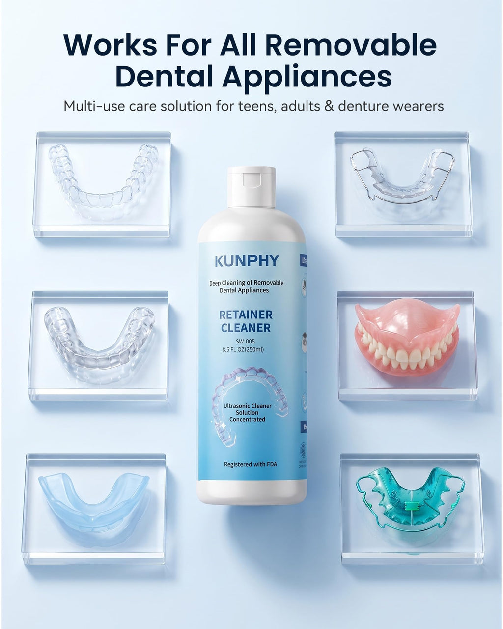 Ultrasonic Retainer Cleaner Solution for Ultrasonic Denture Cleaner-Professional Cleaning of Retainers, Invisible Aligners, Mouth Guards, Night Guards, Remove Odors, Discoloration & Stains 8.5oz
