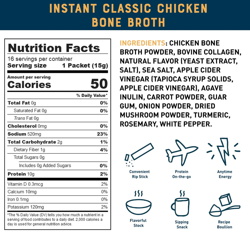 Bare Bones Classic Chicken Bone Broth Instant Powder Mix Packets 16 Pack