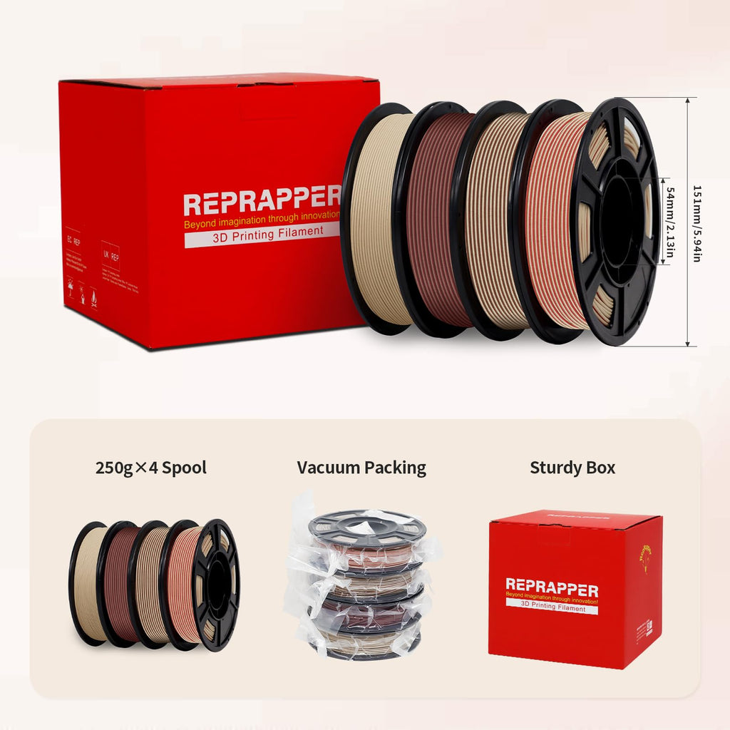 Reprapper Wood PLA Filament Variety Pack - 1.75mm 4 Spool Bundle: Natural, Mahogany, Dark Mahogany & Walnut Real Wood Fiber, Dual Color 3D Printing Material 250g x 4pack