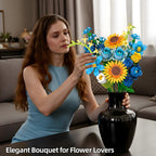 Blue Rose Flowers Valentines Gifts - Bouquet Building Set Compatible with Lego Flowers for Adults Women, Van Gogh's Starry Night and Sunflowers Style, Christmas Mother's Day Home Decor