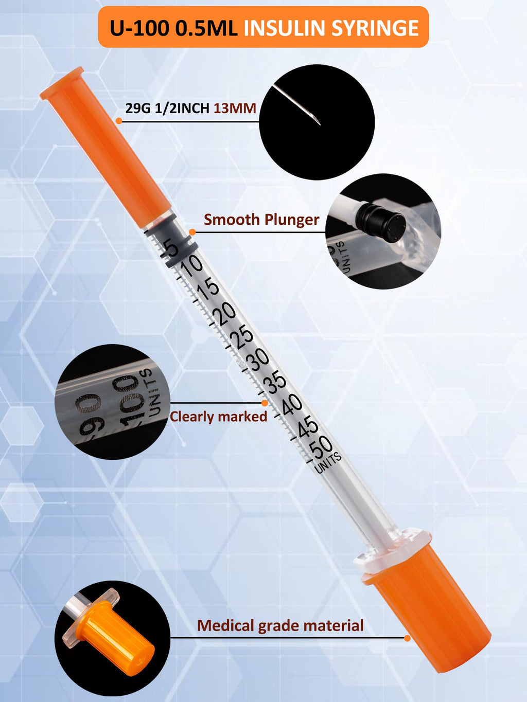100 Pack 0.5ml Disposable Syringe, 32G 0.5cc 1/2 Inch (13mm) Lab Supplies Syringes, Individually Wrapped
