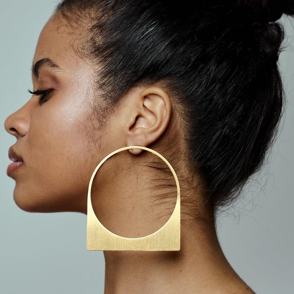 Large Gold Hoop Earrings, 14k Plating Big Chunky Geometric Hollow Brushed Metal Sheet Drop Dangle Huggie Studs Womens Statement Jewelry Gift (Hollow Gold)