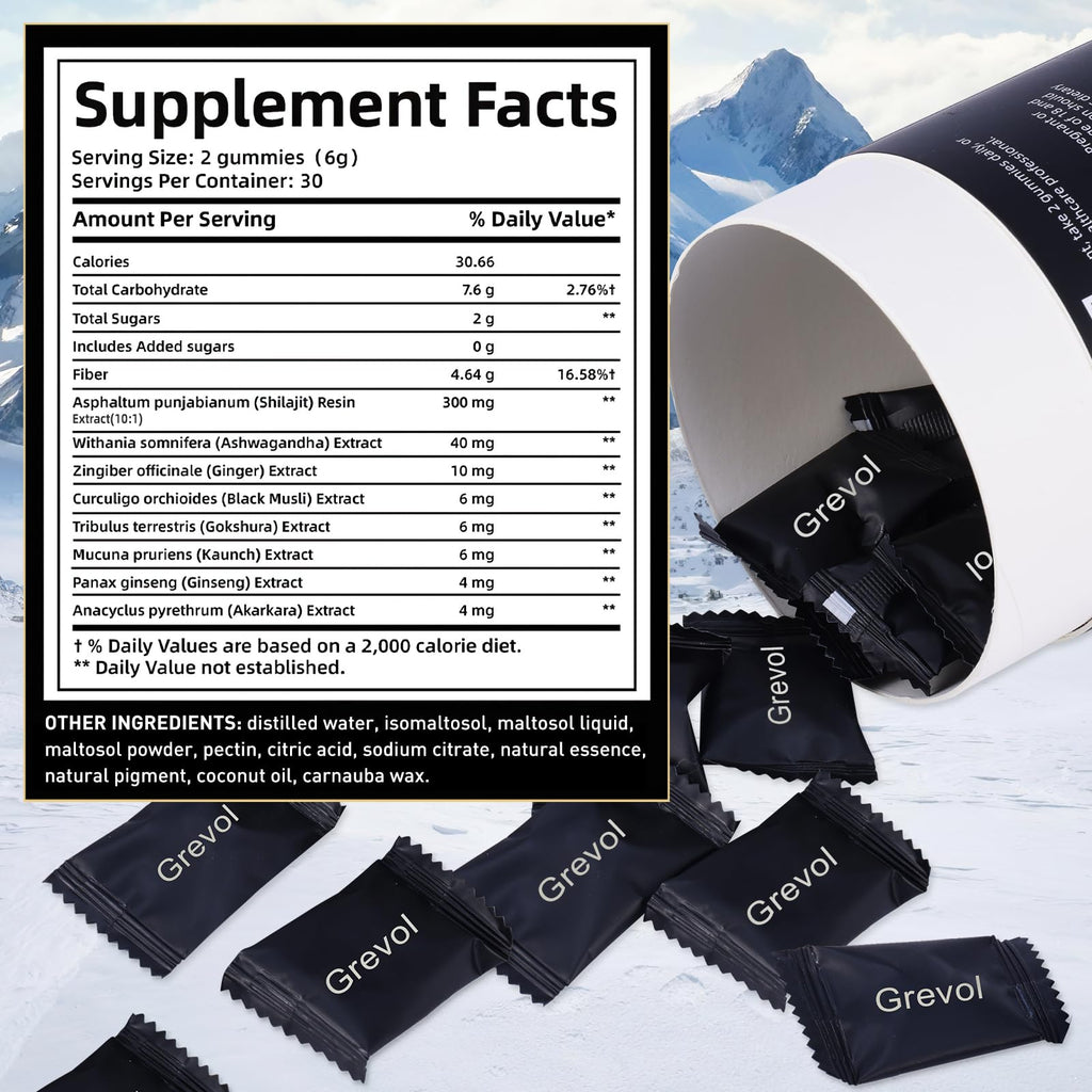 Grevol Himalayan Shilajit Gummies: Gold Grade Shilajit Riched with Ashwagandha Fulvic Acid & 85+ Trace Minerals - No Added Sugar - Individually Wrapped - for Men & Women - 60 Gummy