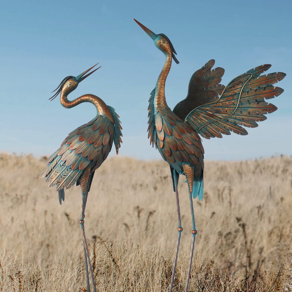 Oritty Crane Statues for Garden Decor, Metal Crane Yard Art Statues, 2PCS
