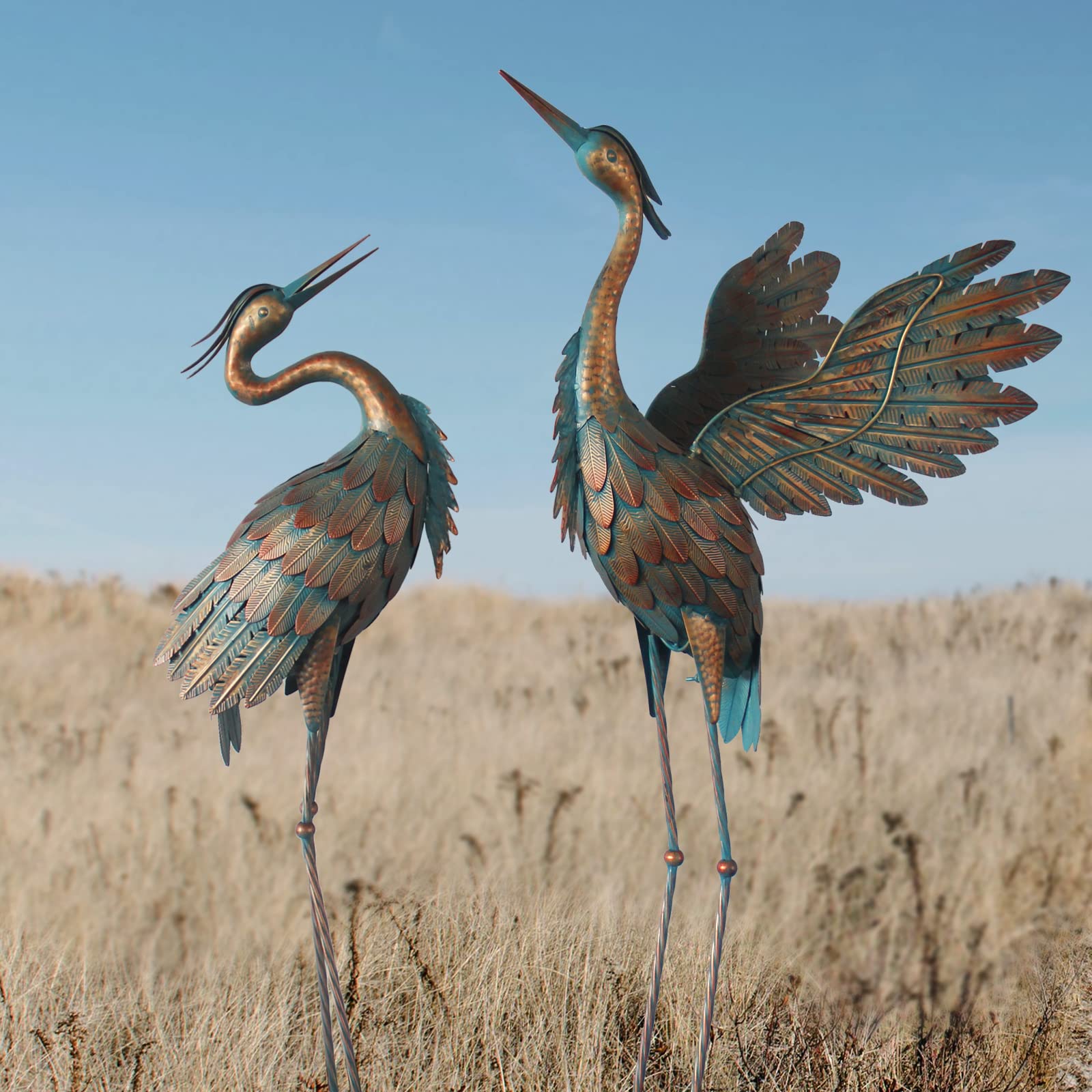 Oritty Crane Statues for Garden Decor, Metal Crane Yard Art Statues, 2PCS