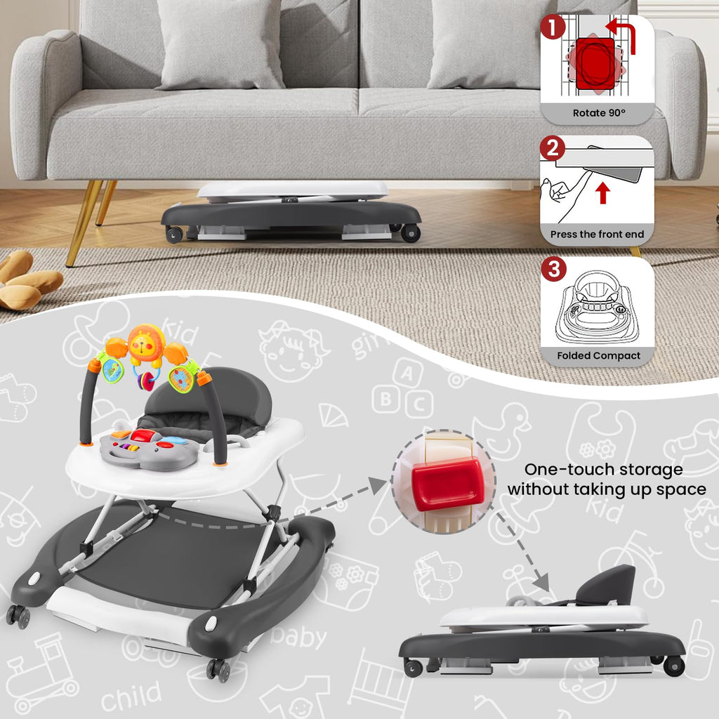 RefoereBabe Baby Walker with Wheels, 5 in 1 Baby Walkers for Boys Girls 6-12 Months, Foldable Walker Baby with Bouncer & Feeding Tray, Music, Adjustable Heights