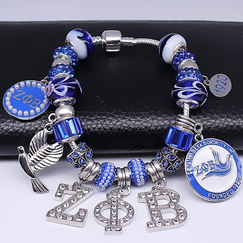 muiot Delicate ZETA sorority society Rhinestone Pendant Blue big hole Glass Bead Bracelet bangle