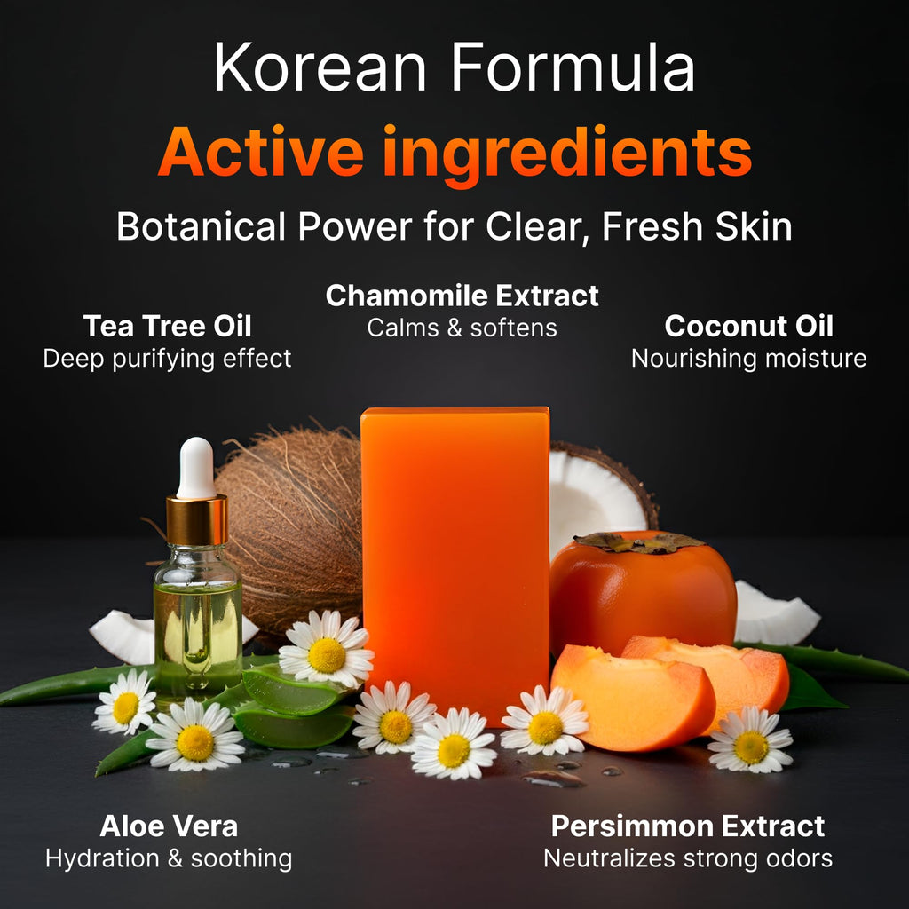 BIOXI Persimmon & Tea Tree Oil Deodorizer Soap Bar Odor Control & Gentle Exfoliation Body Wash for Mature or Aging Skin Korean Cold-Pressed Formula with Chamomile, Aloe Vera & Coconut Oil - 2 Pack