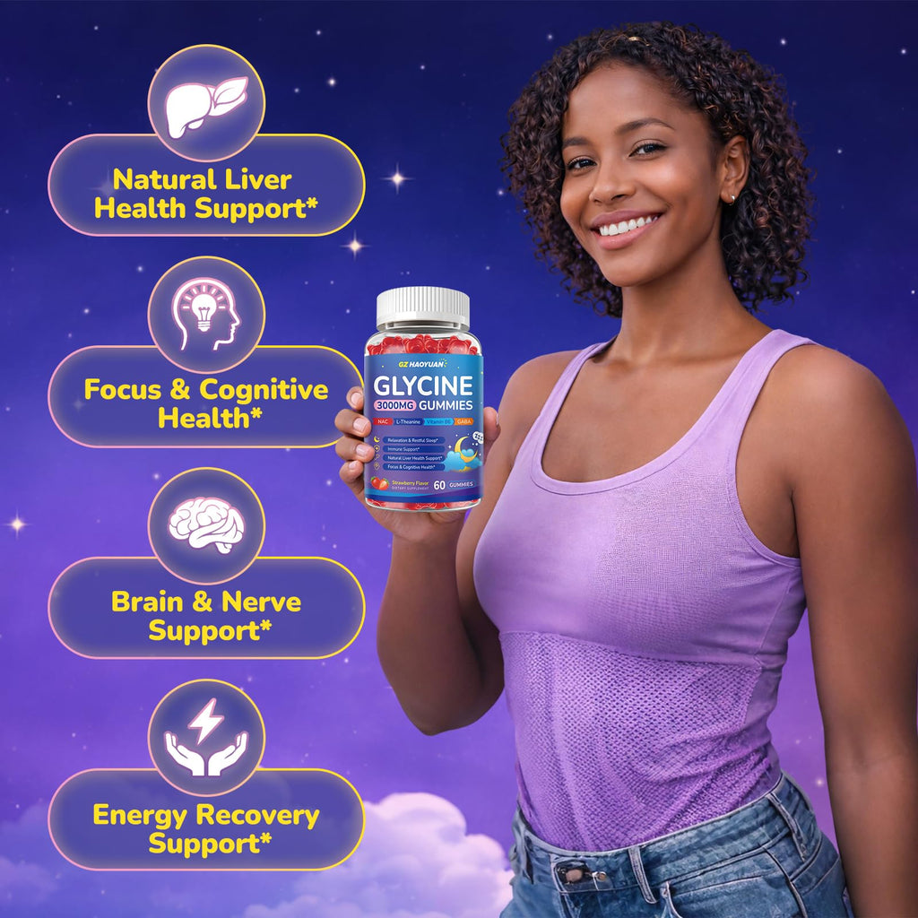 GZ HAOYUAN Glycine Gummies, Glycine 3g Supplements with NAC, L-Theanine, GABA, for Sleep, Relax, Nerve & Brain Support, Sugar Free, Vegan, Strawberr Flavor, 60 Cts