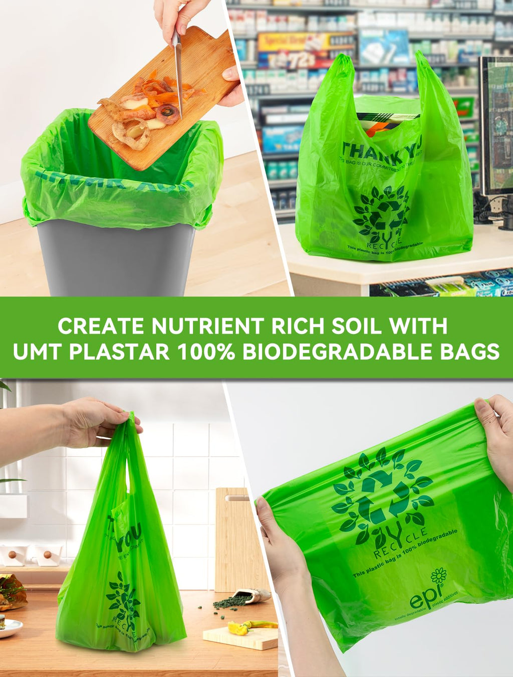 [100 per box] | Recyclable Compostable Reusable Biodegradable Plastic T-Shirt Bags | Grocery Shopping Bags | Green Eco Plastic Bags (100 per Pack) | T-Shirt Carryout Bags 100 count Restaurant Quality, Durable, Reusable and Econ Friendly | Measures 11. 5"