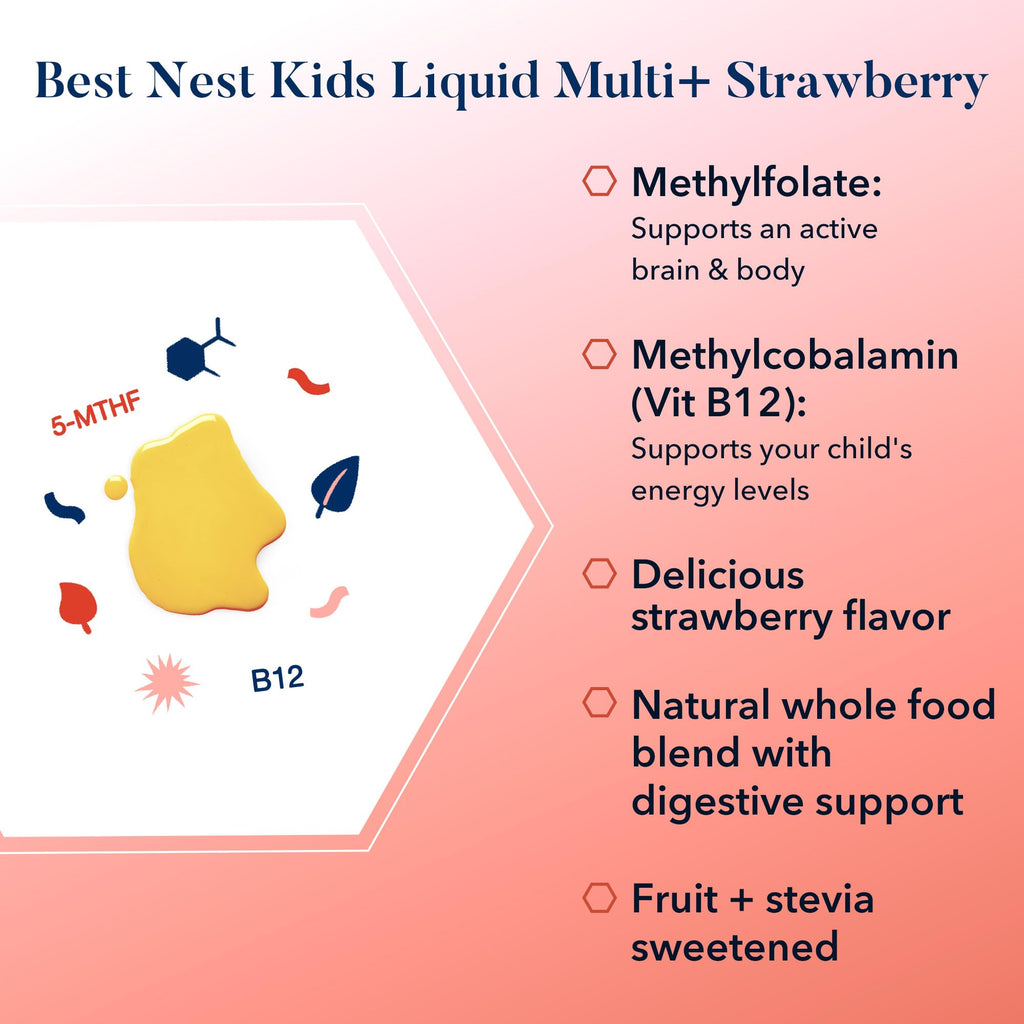 Best Nest Liquid Multivitamins for Kids, Methylfolate, Methylated Vitamins, Whole Food Blend Vitamin, Vegan, Gluten Free, Non-GMO, Strawberry Flavor, 16 oz