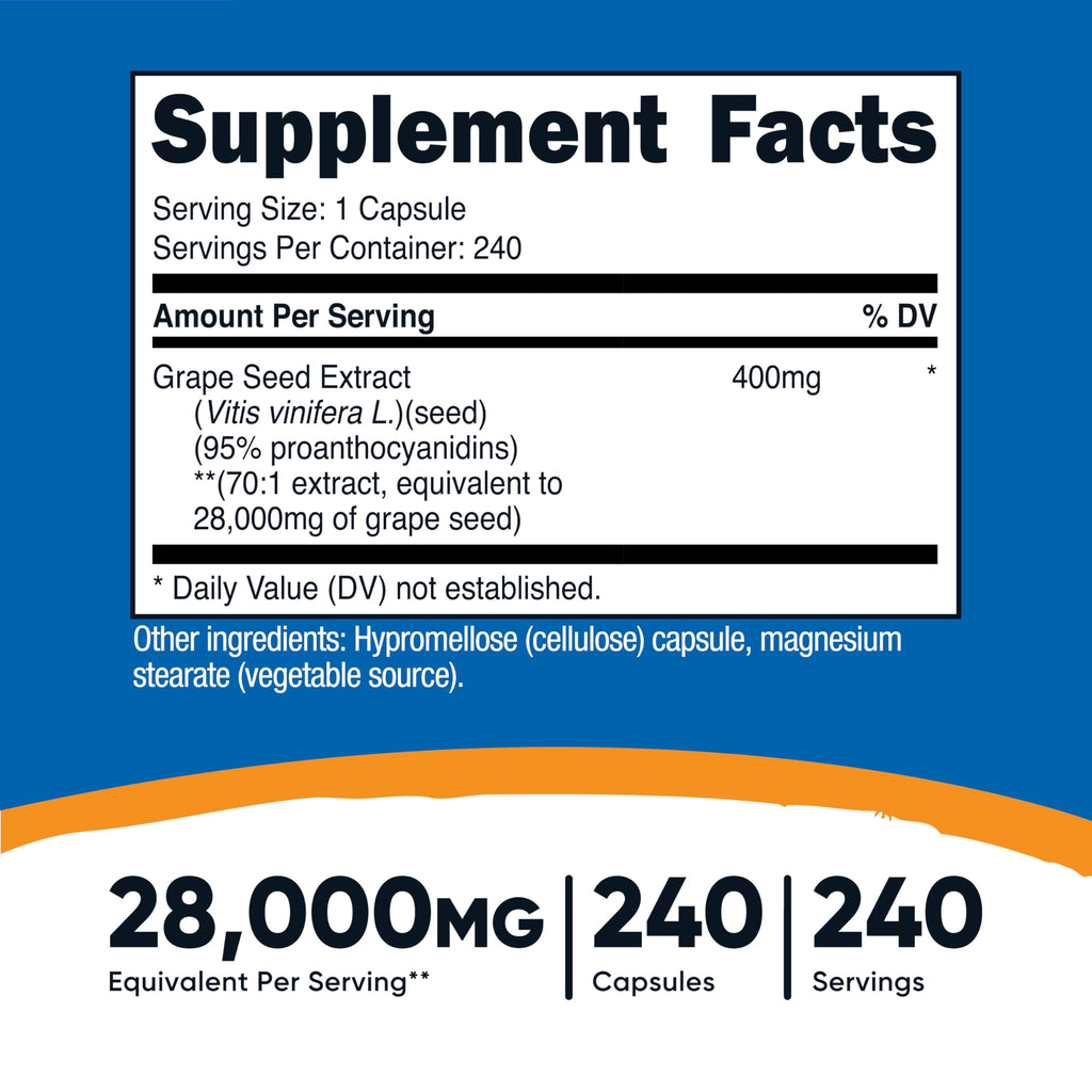 Nutricost Grape Seed Extract 28,000mg Equivalent from 400mg of 70:1 Extract Per Serving, 240 Capsules for 240 Servings Per Bottle - GMO Free and Gluten Free, Vegetarian Friendly