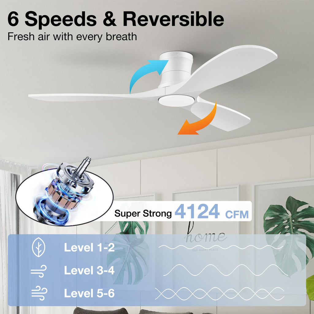 52” Smart Wood Ceiling Fans with Lights,Low Profile Flush Mount Ceiling Fan with Remote Alexa App Control,3 White Blades,Outdoor Indoor Use for Modern Bedroom Patio,Dimmable LED,6-speed,Quiet DC Motor