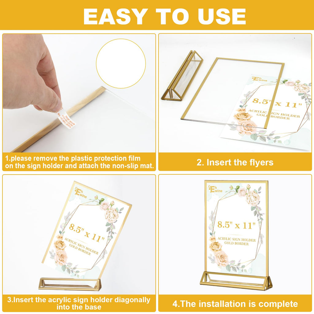 EHWINE 10 Pack 8.5×11 Clear Acrylic Sign Holder with Gold Borders and Vertical Stand, Double Sided Table Menu Holders Picture Frames for Wedding Table Numbers, Restaurant Signs, Photos and Art Display