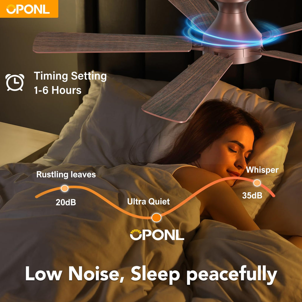 OPONL 52 Inch Ceiling Fans with Light, Brown Ceiling Fan with Light and Remote Control, 6CCT, Dimmable LED, Noiseless DC Reversible Motor, Flush Mount, Low Profile Ceiling Fan for Indoor/Outdoor Use