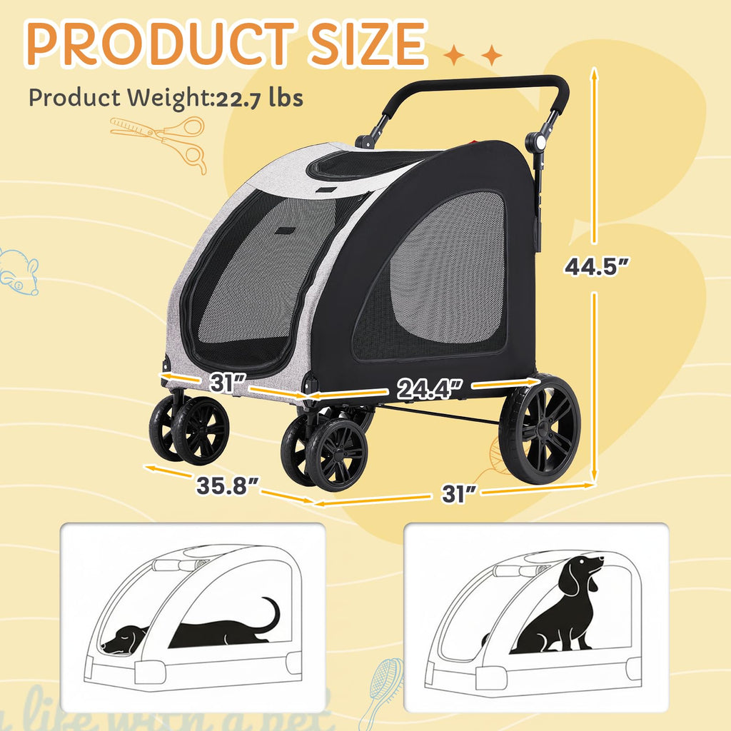Danrelax Large Pet Stroller for Large & Medium Dogs, 77 lb Capacity, 12" All-Terrain Shock Absorbing Wheels, Waterproof 600D Grey Linen, Heavy-Duty Extra Large Pet Pram, Foldable Travel Stroller