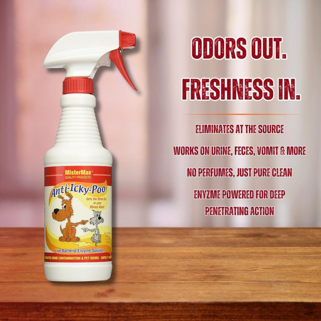 Mister Max Anti Icky Poo Spray - Enzyme Cleaner & Urine Odor Remover for Pets, Animal Urine Enzyme Cleaner & Tough Odor Remover - 1 Pint (16 oz)