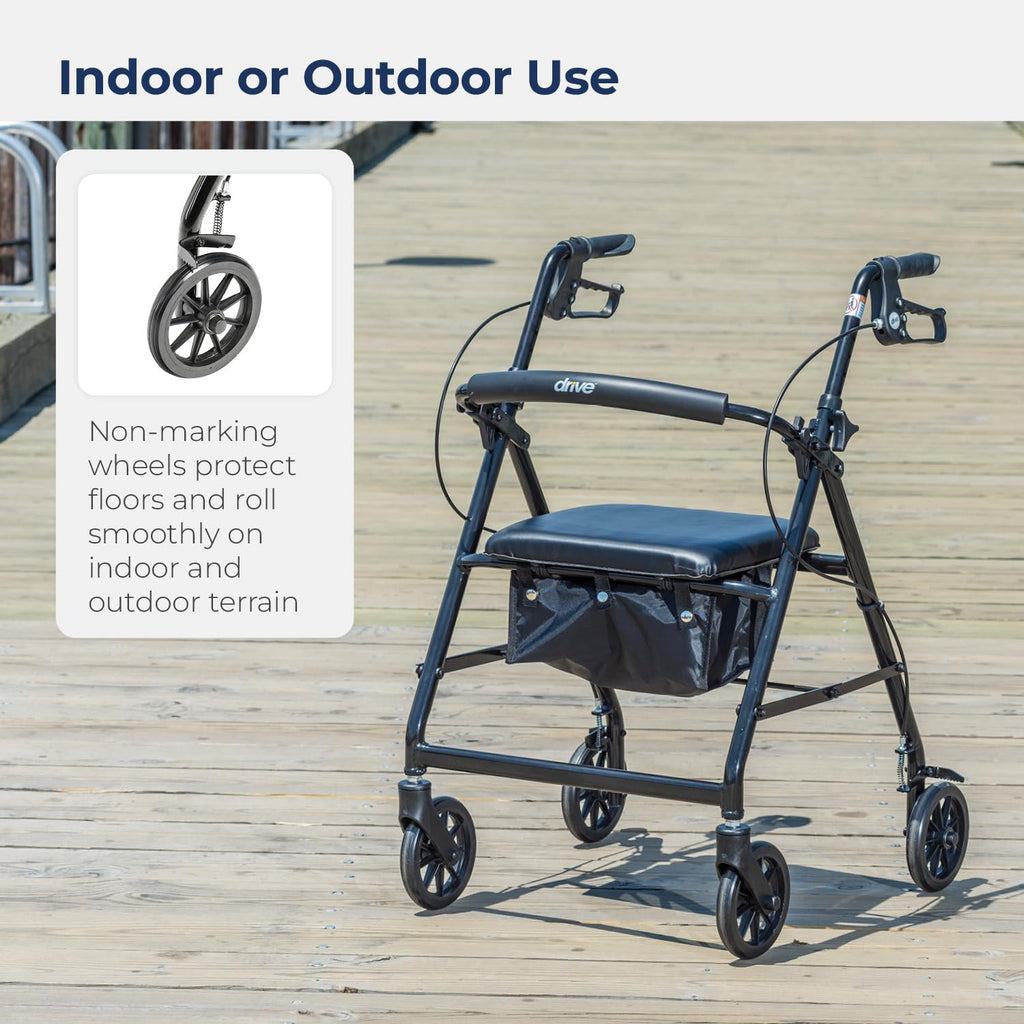 Drive Medical Aluminum Rollator Walker - Fold Up & Removable Back Support - Padded Seat - 6 Inch Wheels - Lightweight Portable Design - Indoor Outdoor Mobility Aid - Black