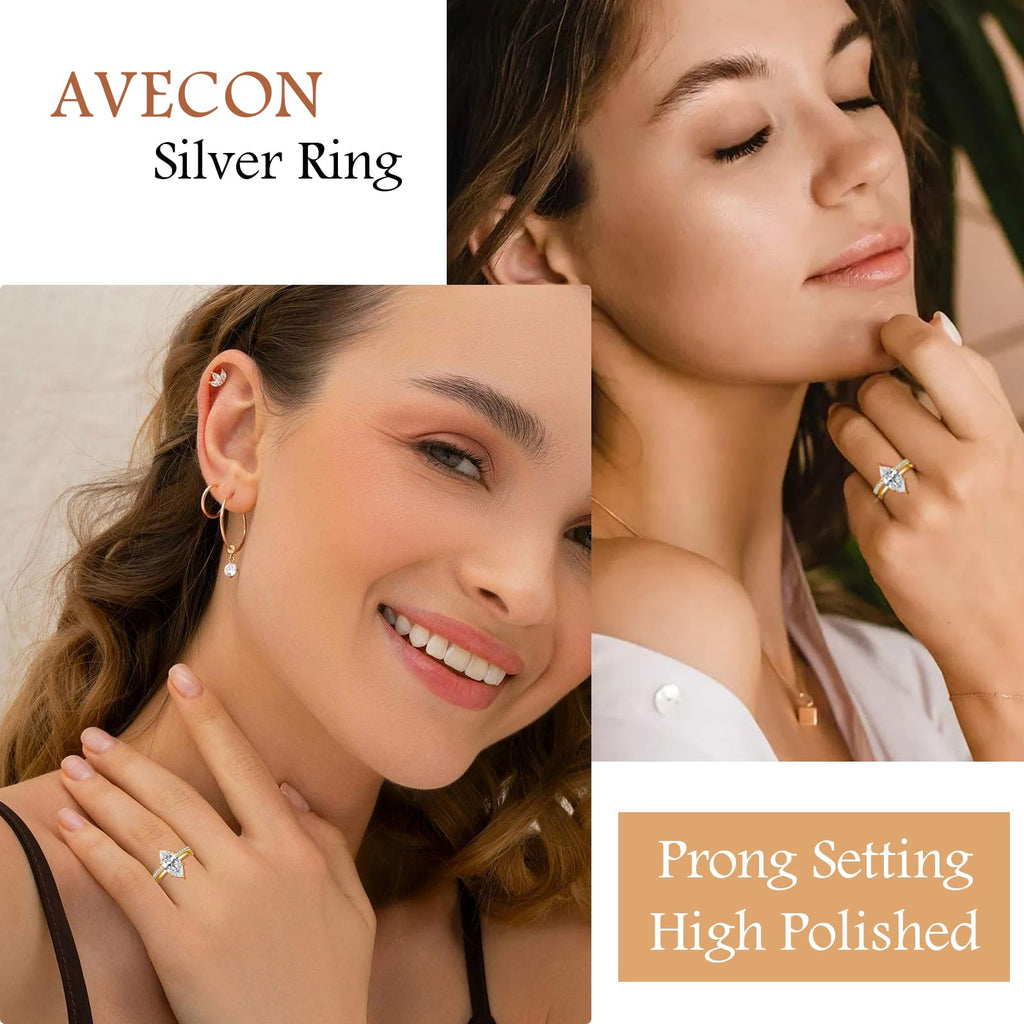 AVECON 3.5CT Marquise Cut Engagement Ring Set for Women, Adjustable, Size 6