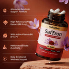 Wellanova Saffron Supplements – 88.5 mg 100% Pure Saffron Extract with Methylated Folate 5-MTHF & Vitamin B6 – Mood, Focus, Vision & Energy Support – 60 Capsules
