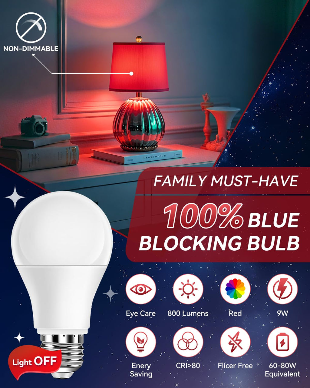 Neporal 625nm Red Light Bulbs for Sleep, 100% Blue Light Blocking Light Bulb, 9W Red Light Bulb for Melatonin Promoting, A19 60W Equivalent Dim Light Bulbs for Bedroom, Baby Nursery,2 Pack