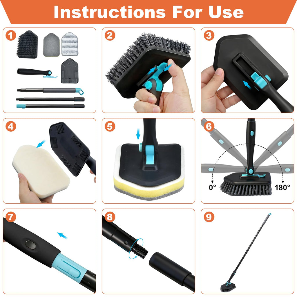 Long Handled Scrub Brush for Shower,3-in-1 Cleaning Brushes with 3 Different Function Cleaning Heads Brush for Shower Cleaning Bathroom Kitchen Walls Tub Tile (Black)