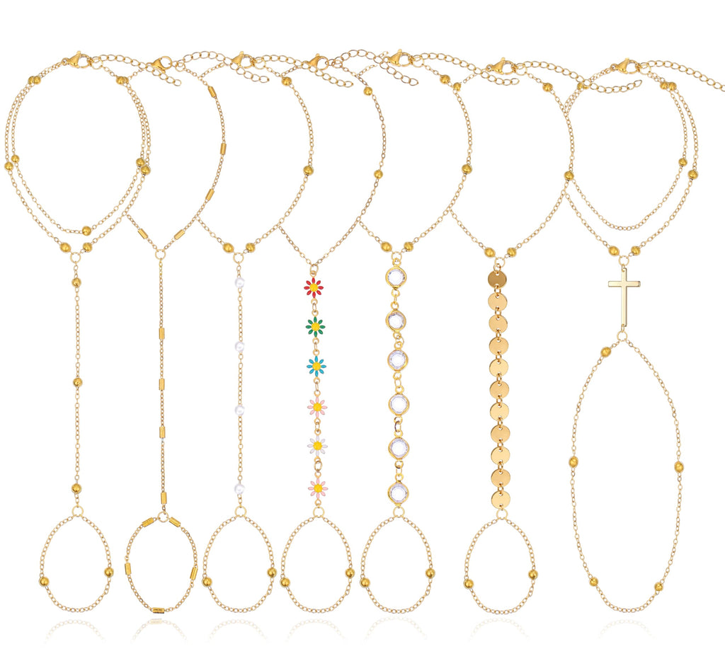 BOMAIL 7Pcs 14K Gold Plated Gold Hand Chain Bracelets for Women