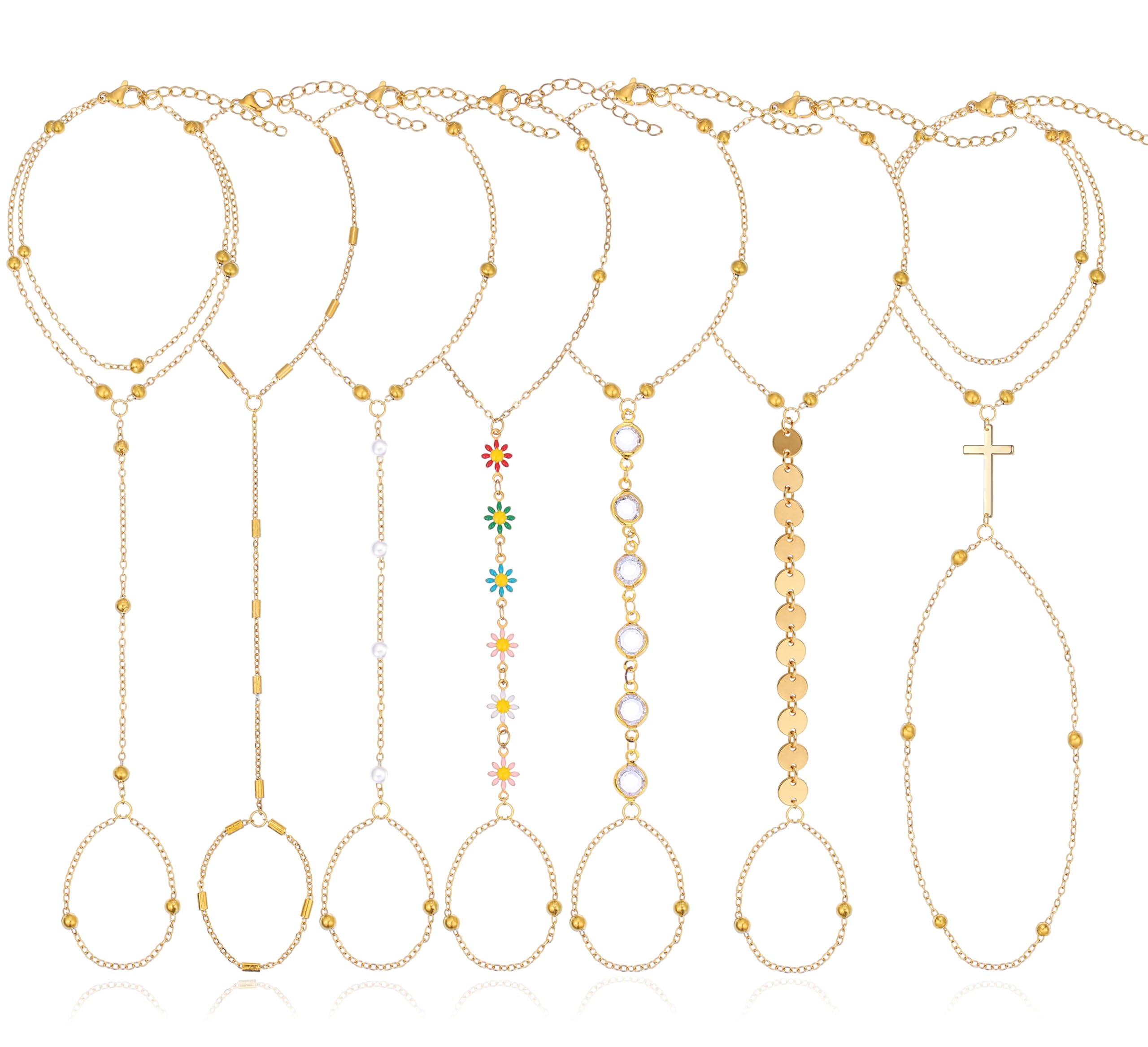 BOMAIL 7Pcs 14K Gold Plated Gold Hand Chain Bracelets for Women