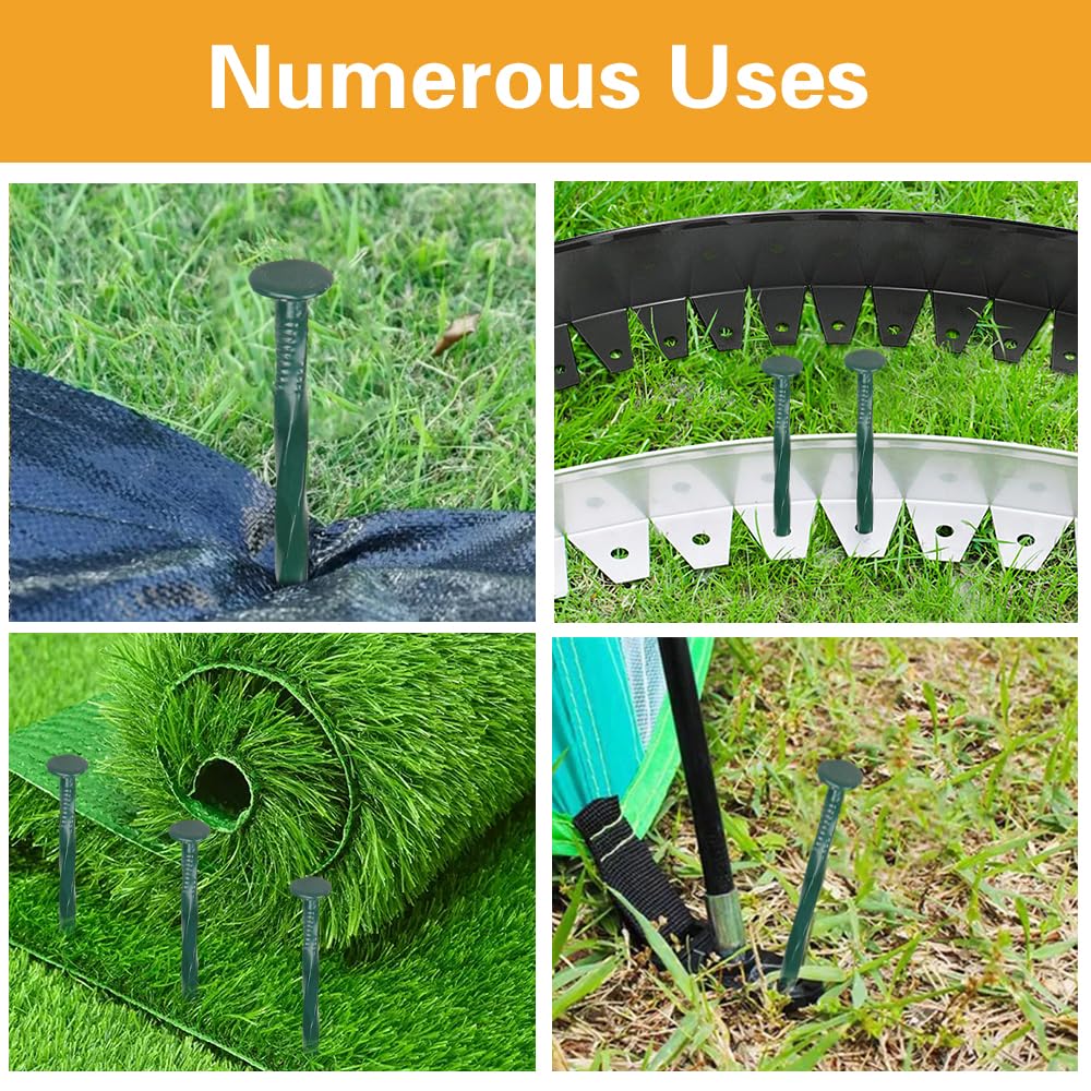 Bakulyor 100 Pack Metal Landscape Stakes, 6 Inch Artificial Turf Spikes, 6 Gauge Large Landscaping Nails, Green Edging Anchoring Staple for Garden Ground Grass Lawn Paver Timber Border Weed Barrier 6"