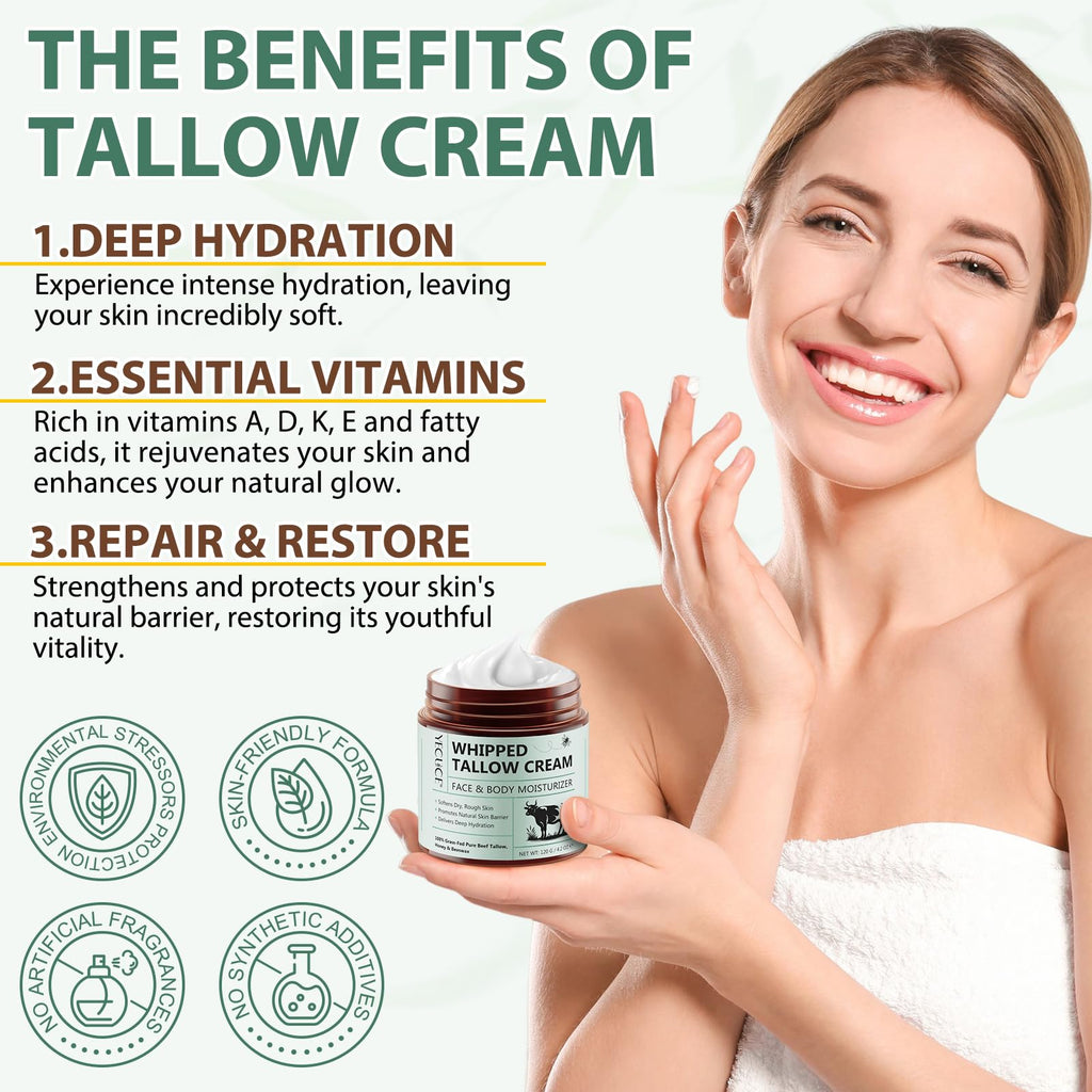 Whipped Beef Tallow for Skin - 100% Grass Fed Pure Beef Tallow with Honey, Natural Moisturizing Cream for Face and Body, Deep Hydration Softens Dry Skin, Nourishing Tallow Cream 4.2 Oz (2 Packs )